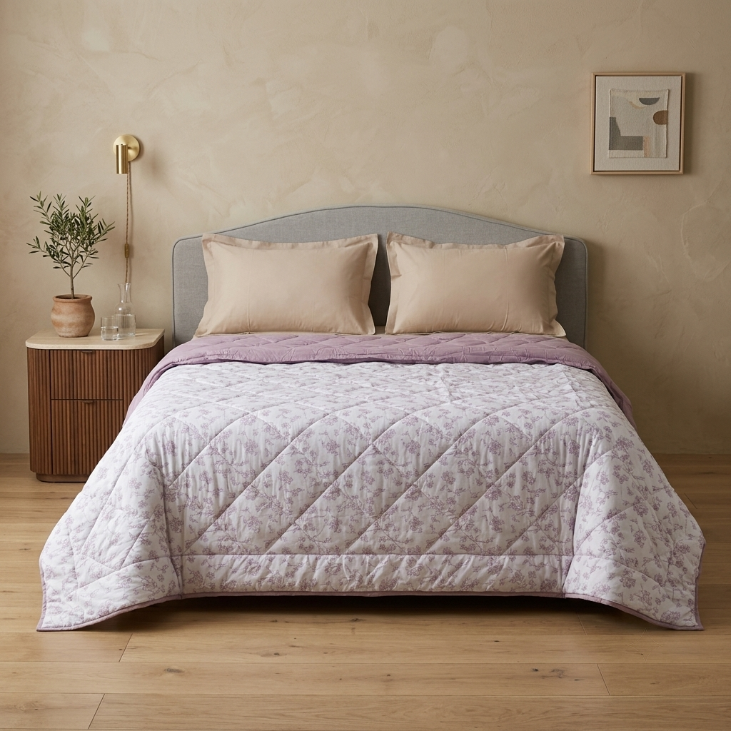 Percale Cotton Reversible AC Blanket Floral Botanical Mauve & Mauve