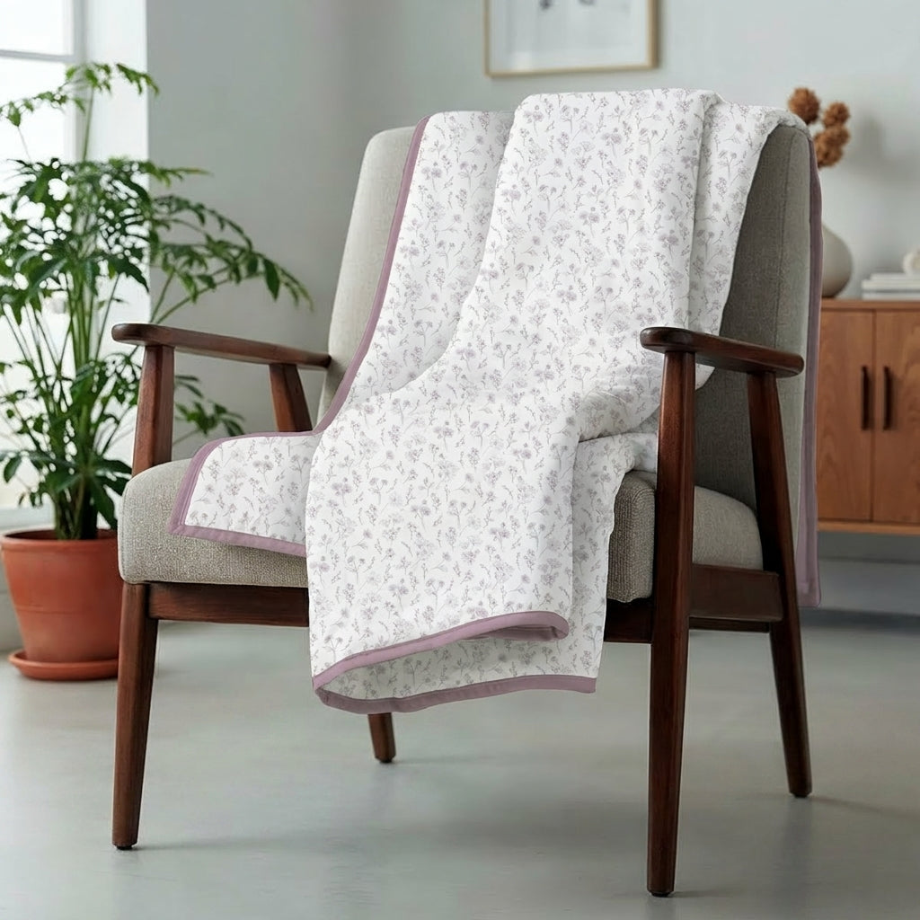 Percale Cotton Reversible Dohar Floral Botanical Mauve & Mauve