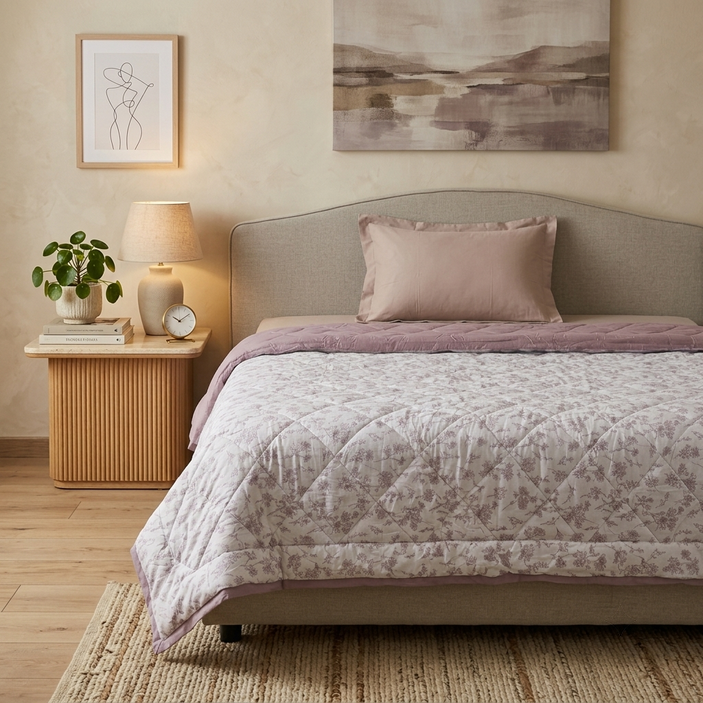 Percale Cotton Reversible AC Blanket Floral Botanical Mauve & Mauve