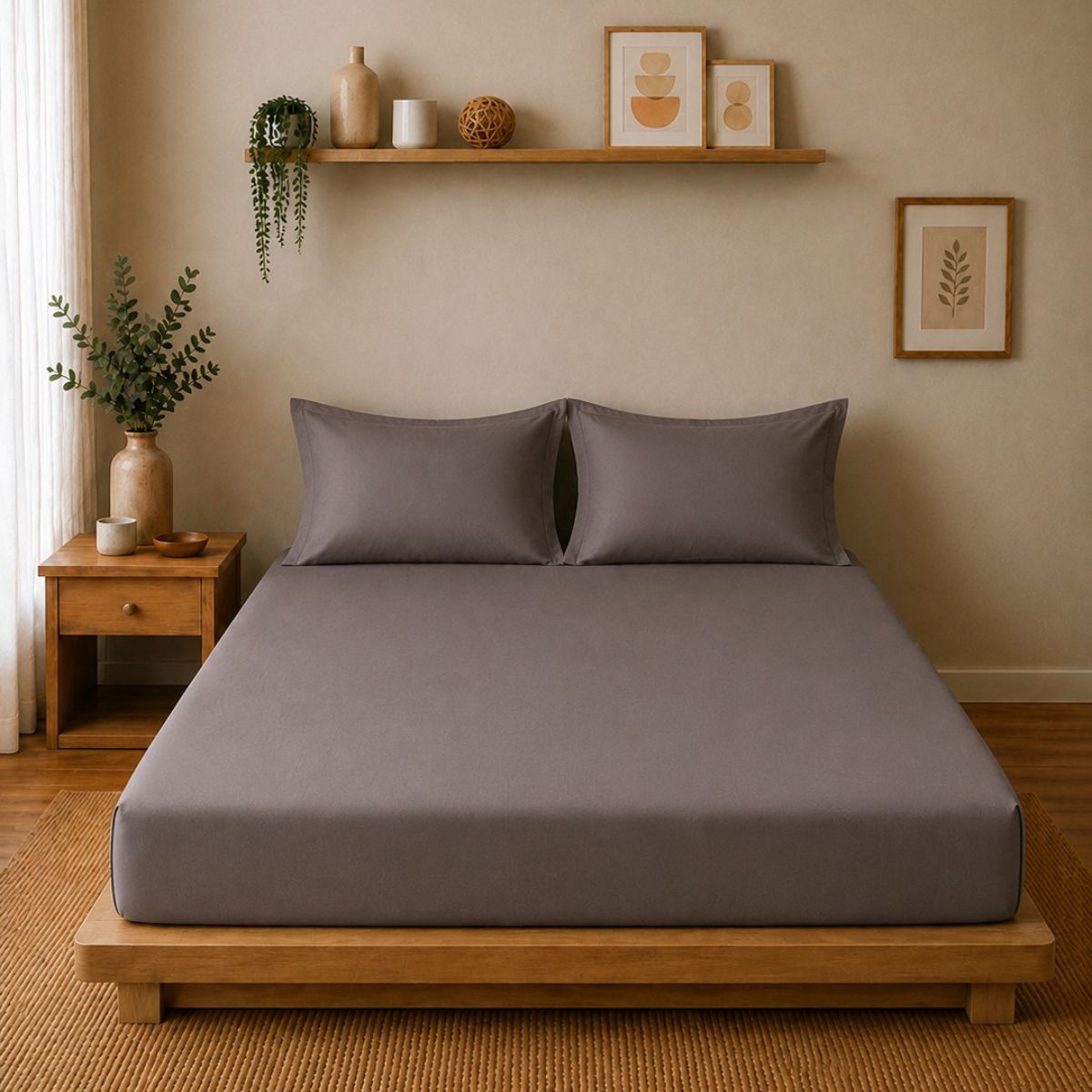 Percale Cotton Fitted Sheet Set in Charcoal