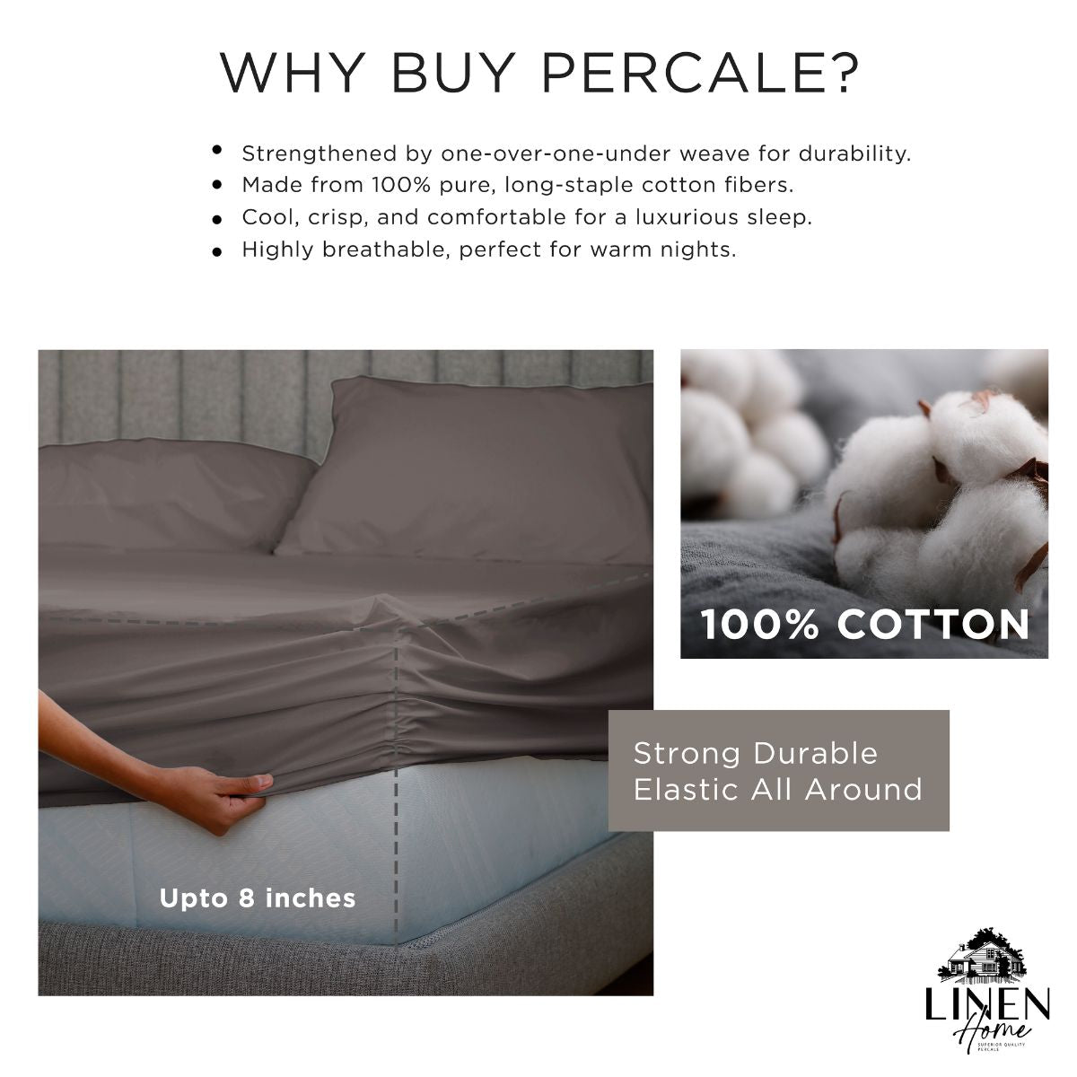 Percale Cotton Fitted Sheet Set in Charcoal