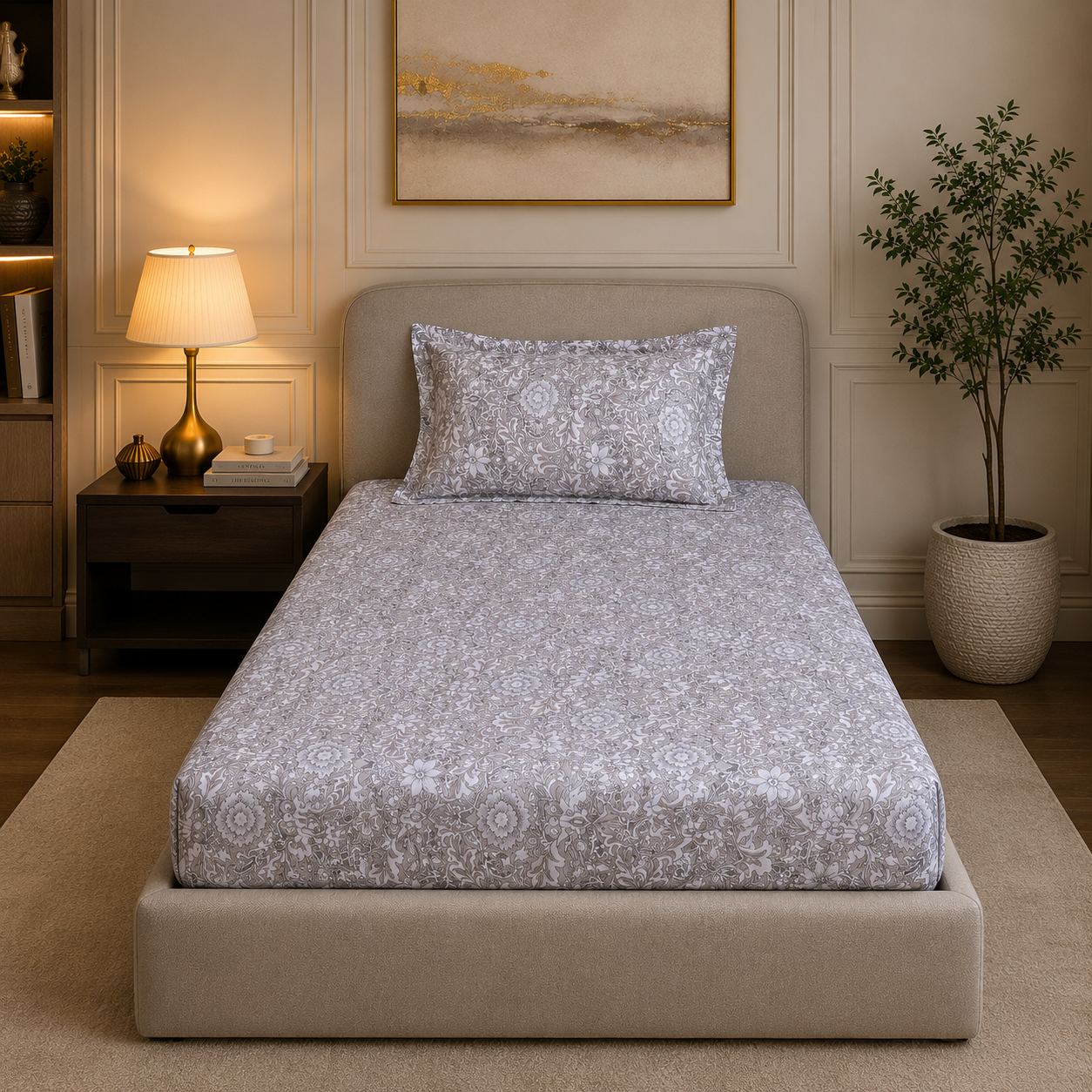 Percale Cotton Printed Fitted Sheet Set in Damask Brown