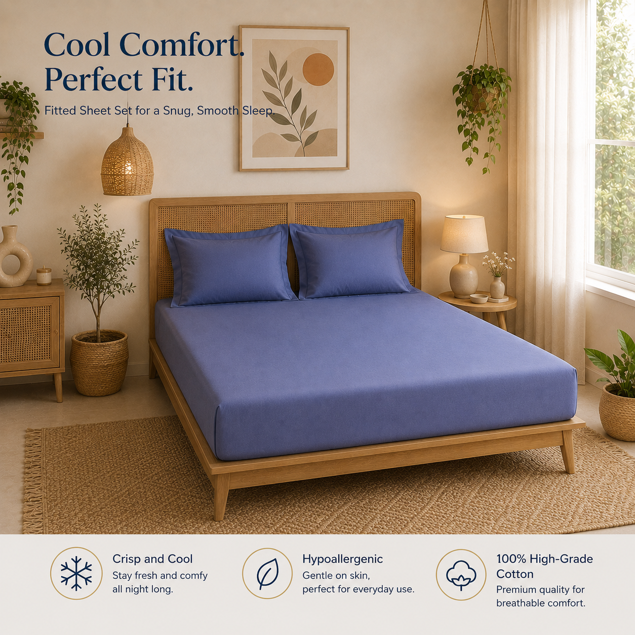 Percale Cotton Fitted Sheet Set in Dark Blue