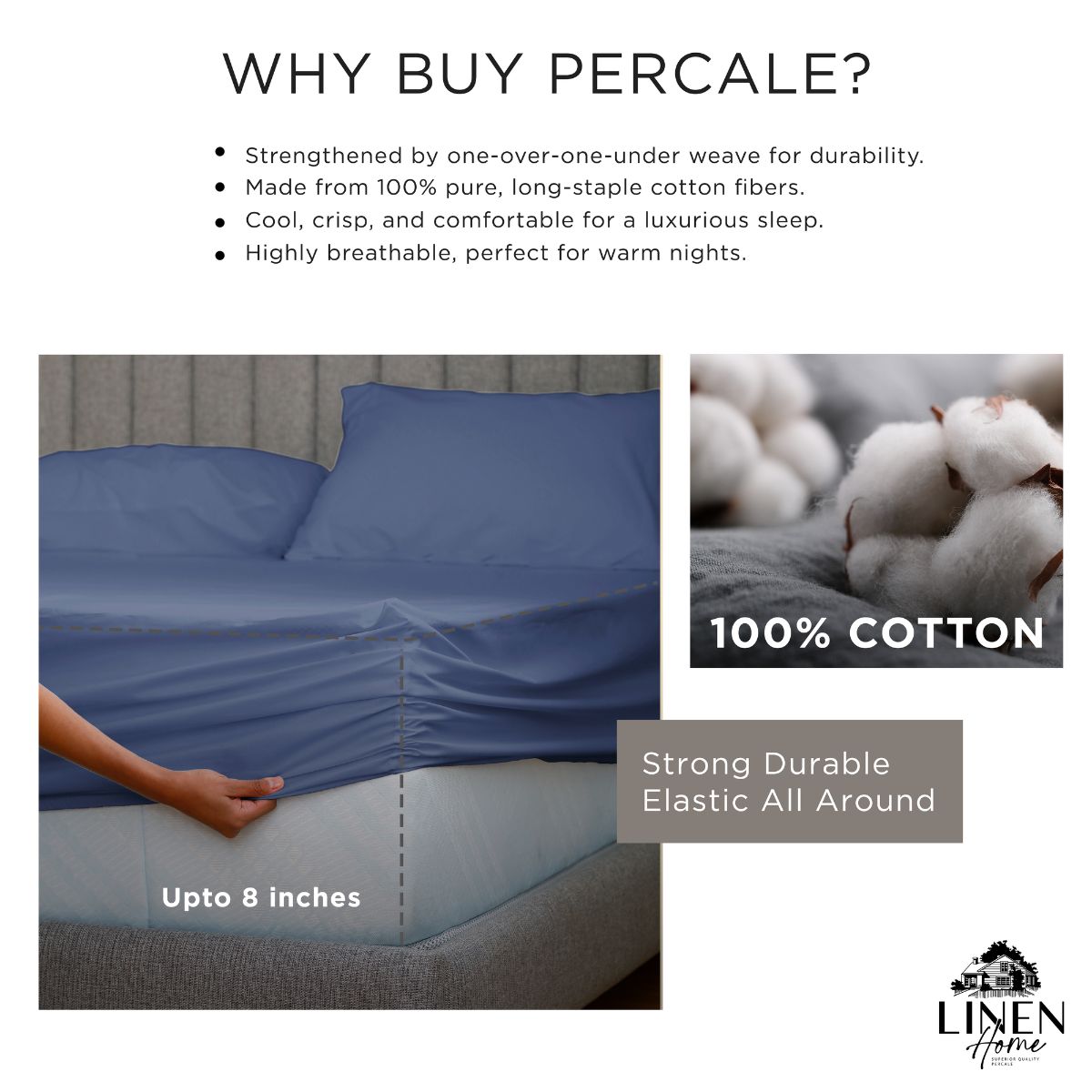 Percale Cotton Fitted Sheet Set in Dark Blue