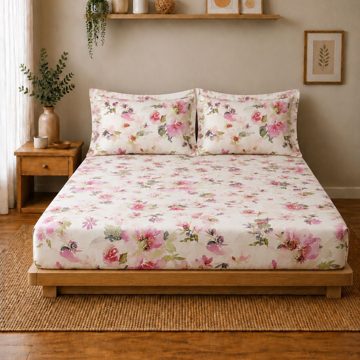 Percale Cotton Printed Fitted Sheet Set in Floral Pink