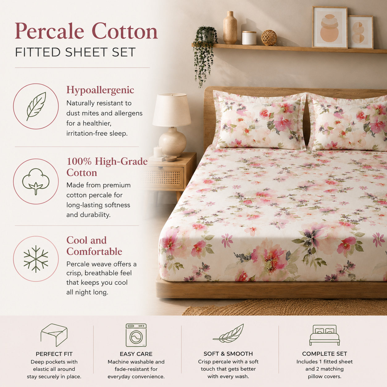 Percale Cotton Printed Fitted Sheet Set in Floral Pink