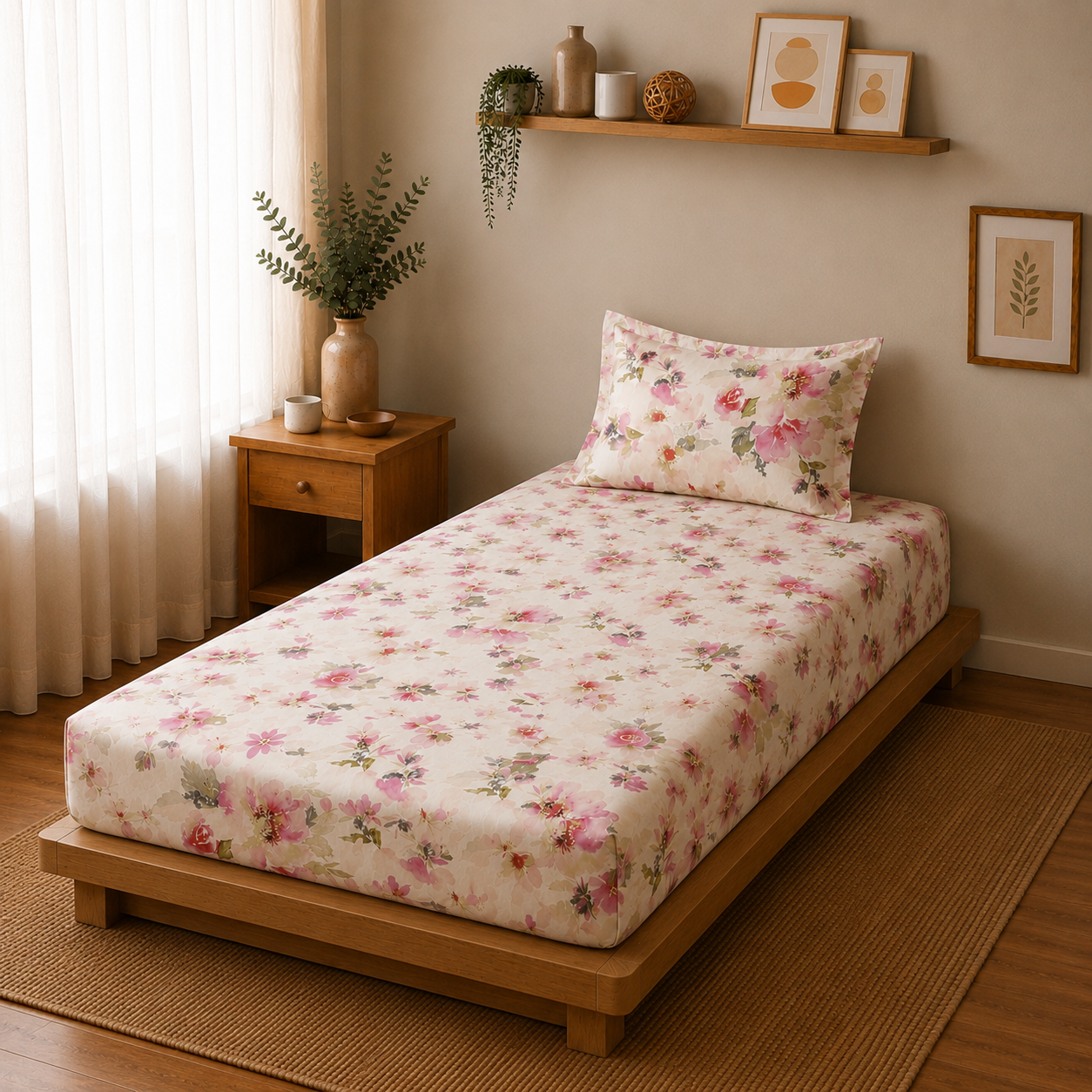Percale Cotton Printed Fitted Sheet Set in Floral Pink