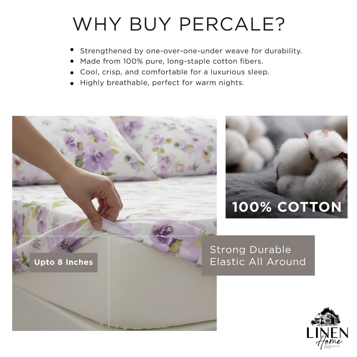 Percale Cotton Printed Fitted Sheet Set in Floral Purple
