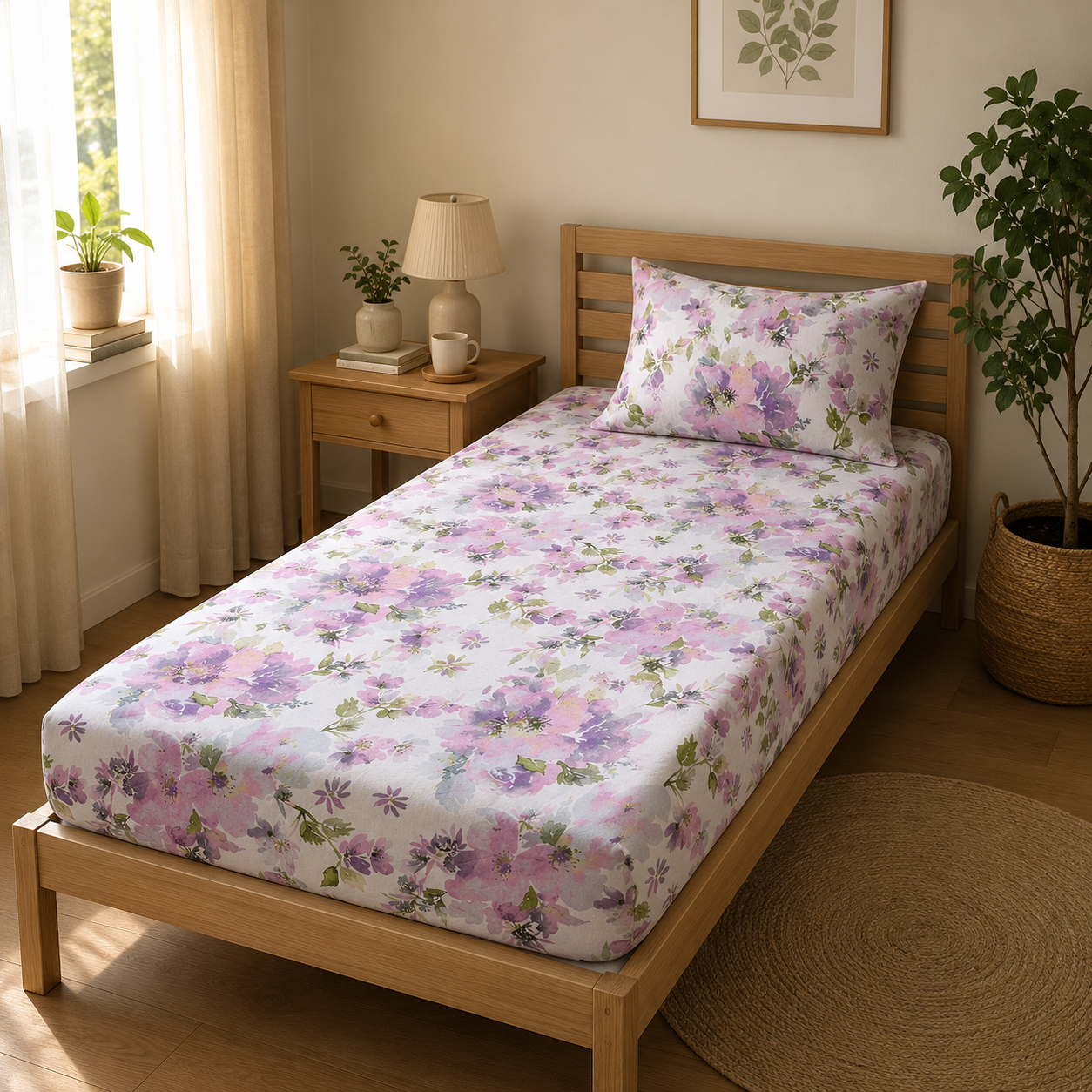 Percale Cotton Printed Fitted Sheet Set in Floral Purple