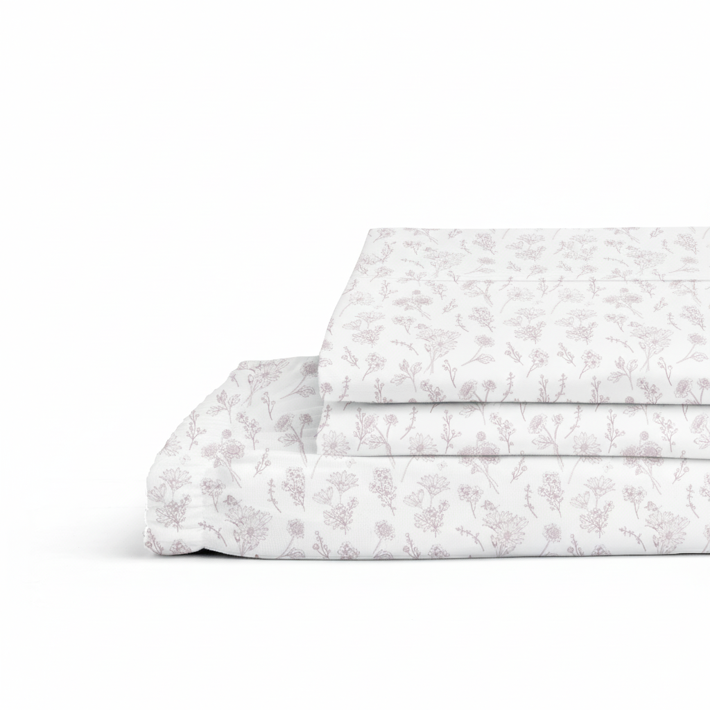 Percale Cotton Printed Fitted Sheet Set in Botanical Mauve