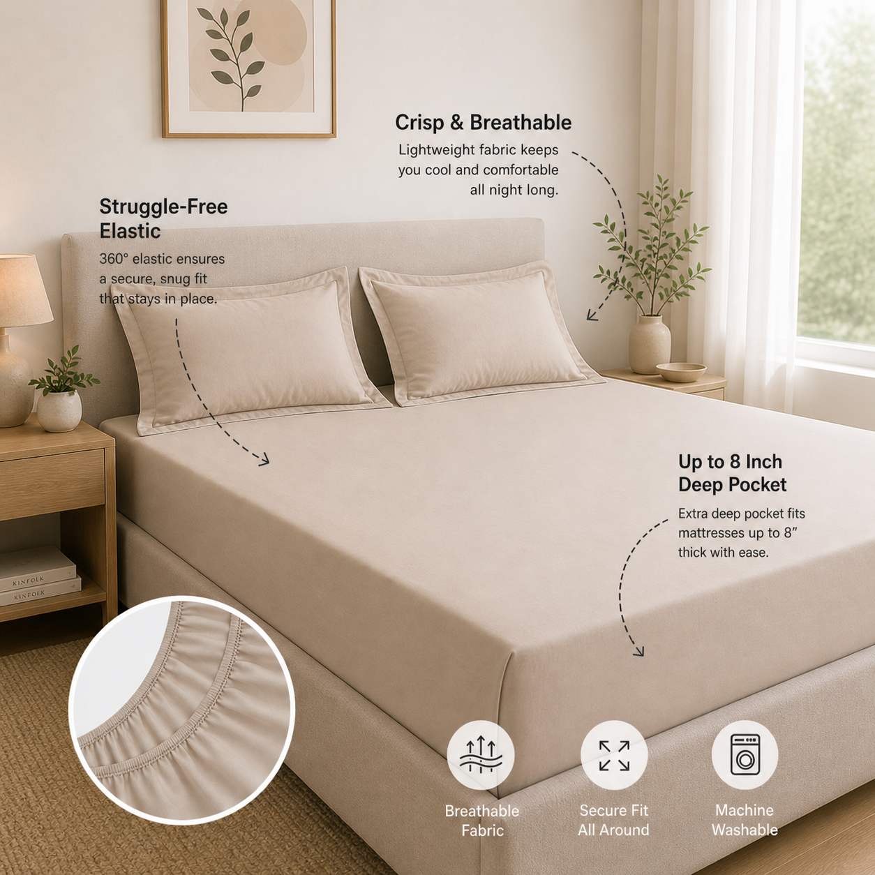 Percale Cotton Fitted Sheet Set in Light Taupe