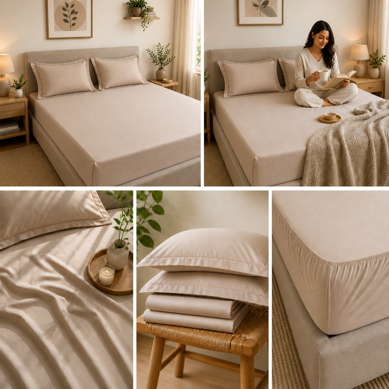 Percale Cotton Fitted Sheet Set in Light Taupe