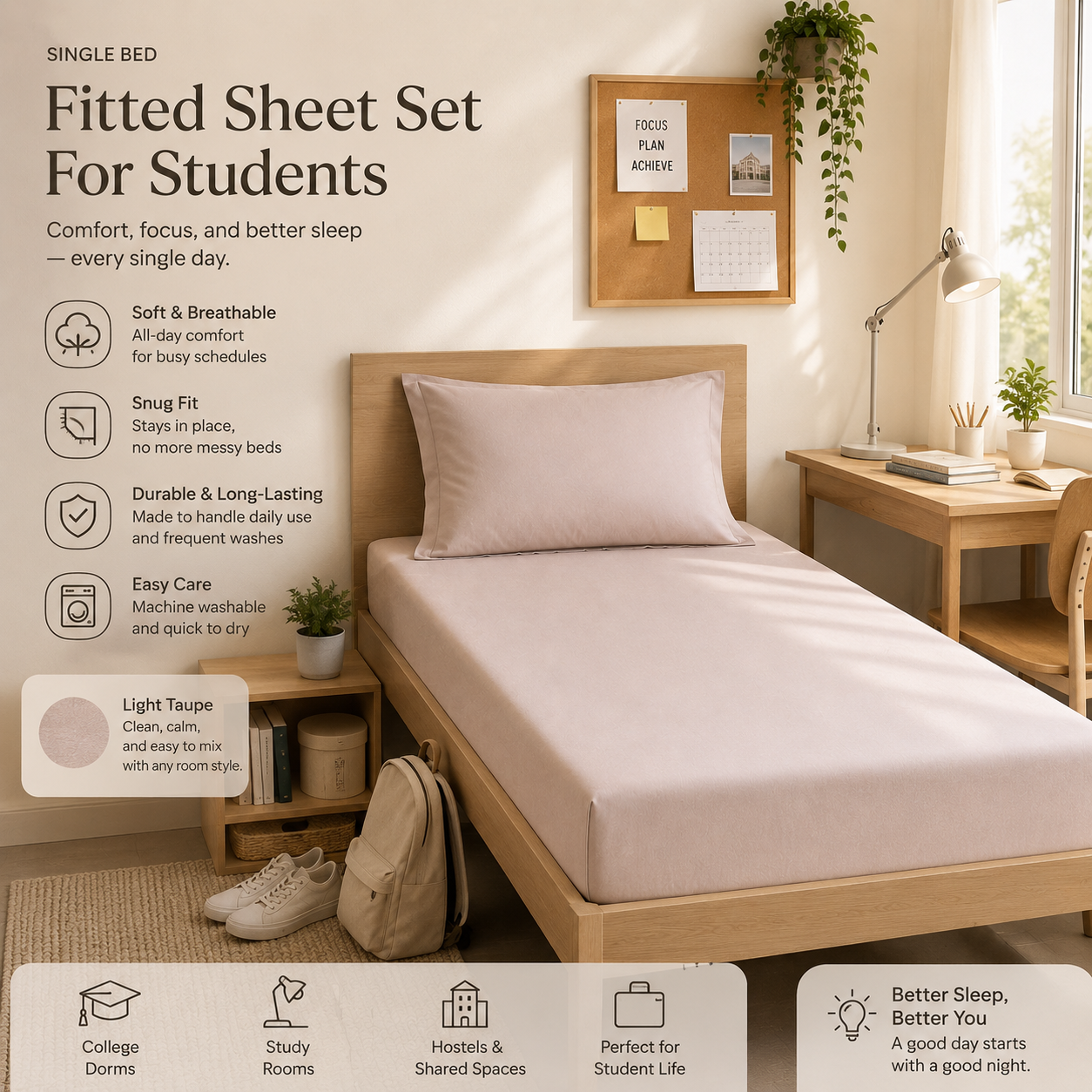 Percale Cotton Fitted Sheet Set in Light Taupe