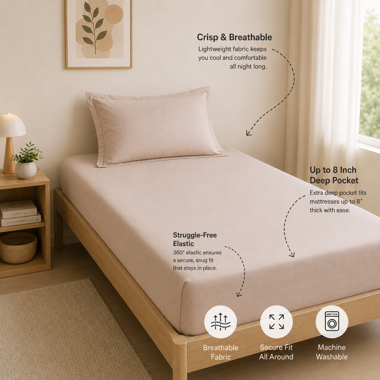 Percale Cotton Fitted Sheet Set in Light Taupe
