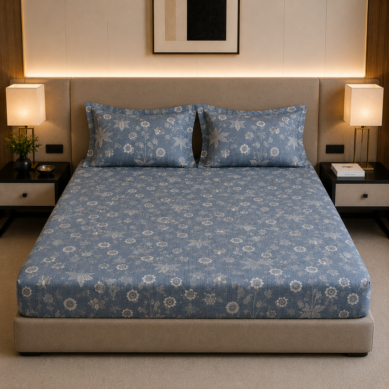 Percale Cotton Printed Fitted Sheet Set in Floral Blue