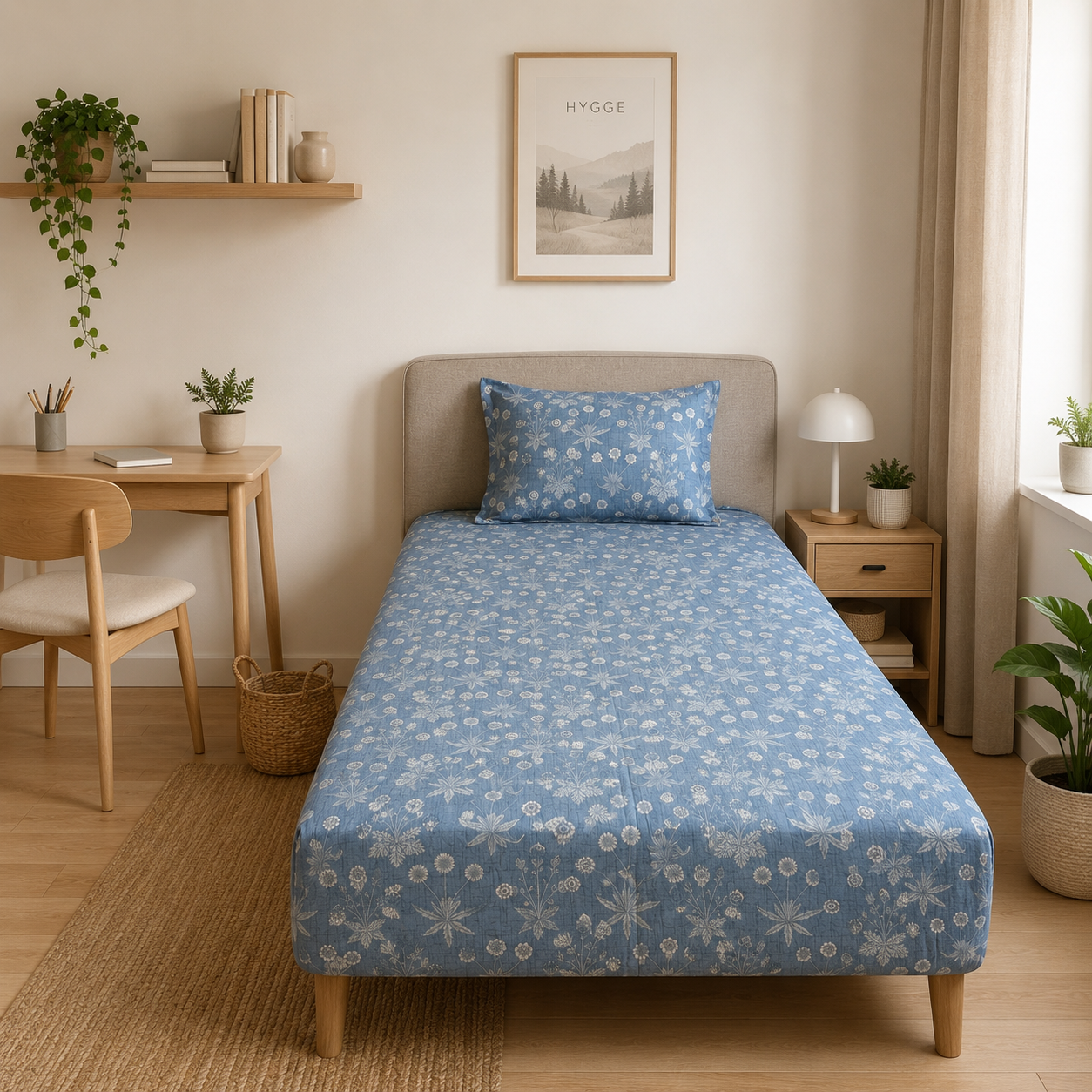 Percale Cotton Printed Fitted Sheet Set in Floral Blue
