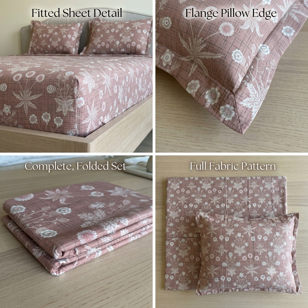Percale Cotton Printed Fitted Sheet Set in Light Brown