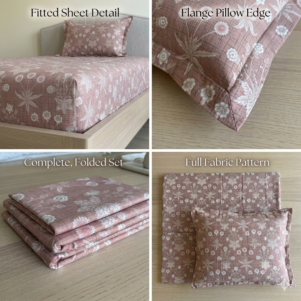 Percale Cotton Printed Fitted Sheet Set in Light Brown