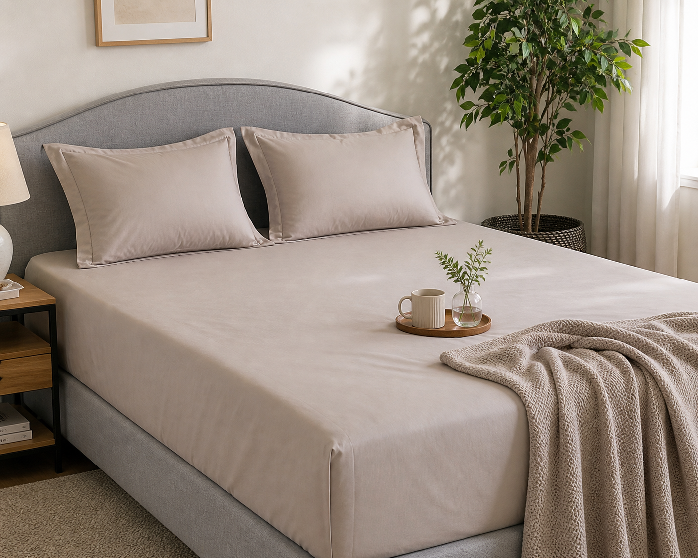 Percale Cotton Fitted Sheet Set in Light Taupe