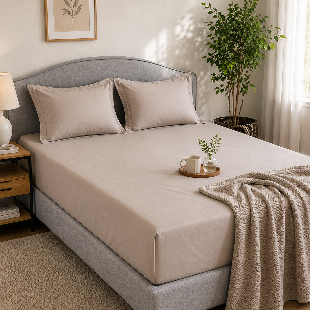Percale Cotton Fitted Sheet Set in Light Taupe