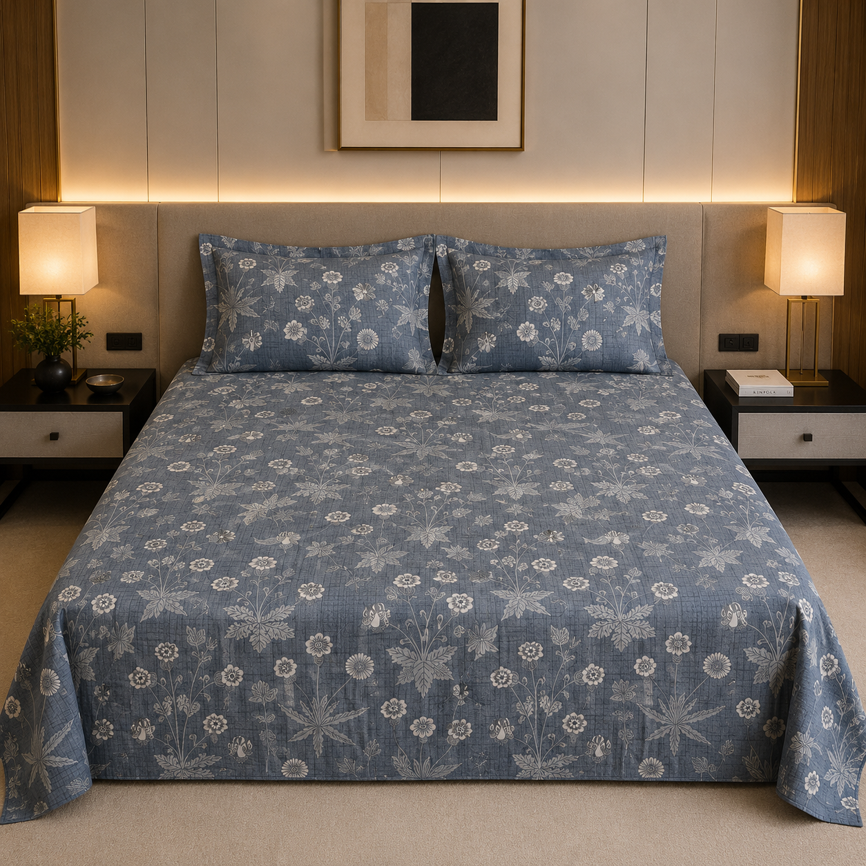 Percale Cotton Printed Bedsheet Set in Floral Blue