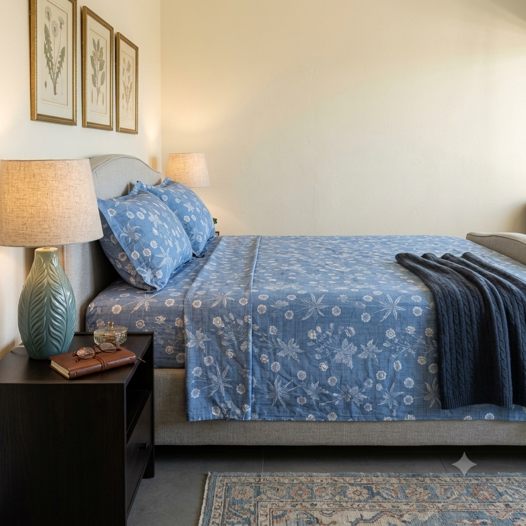Percale Cotton Printed Bedsheet Set in Floral Blue