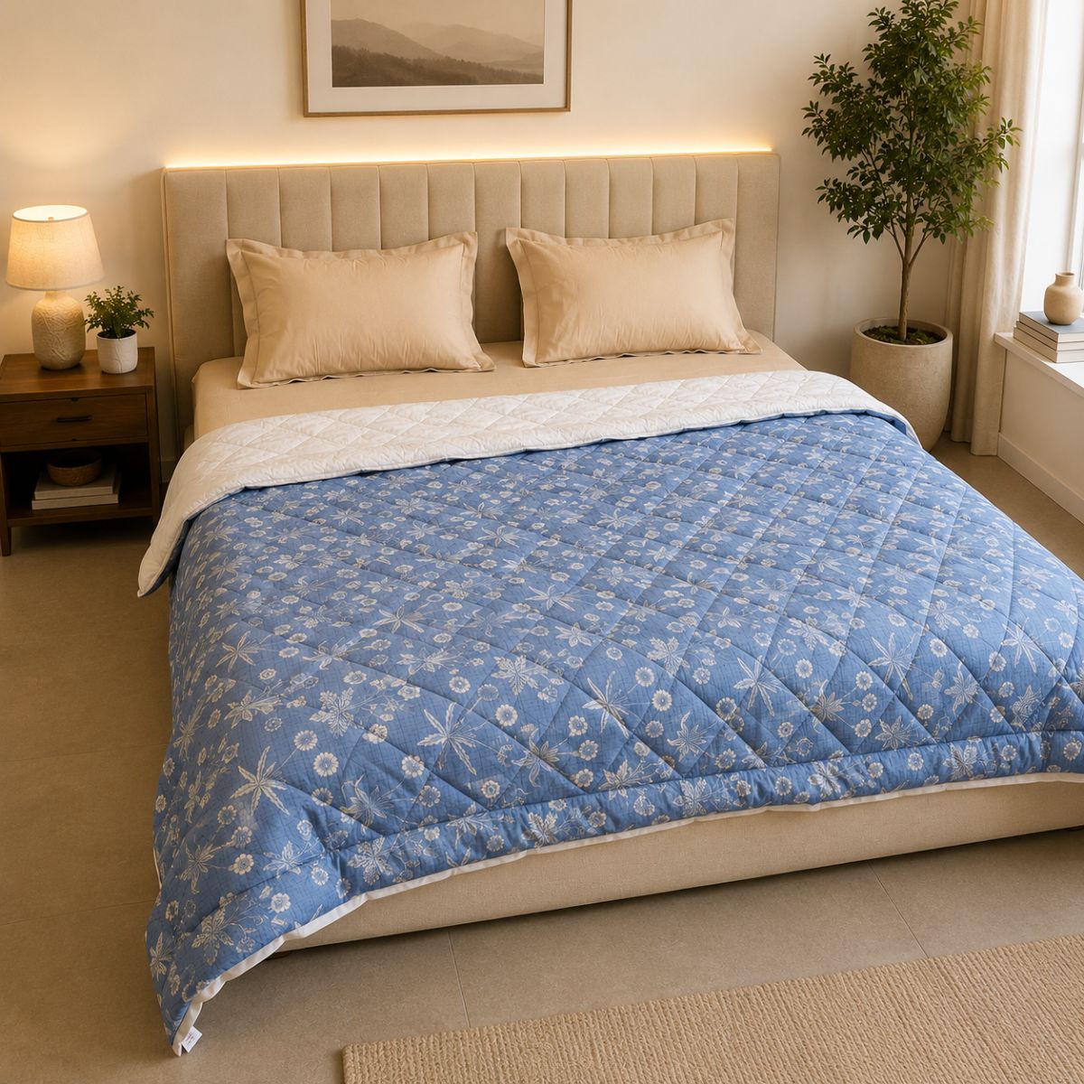 Percale Cotton Reversible AC Blanket Nora Ethnic Floral Blue & Silver