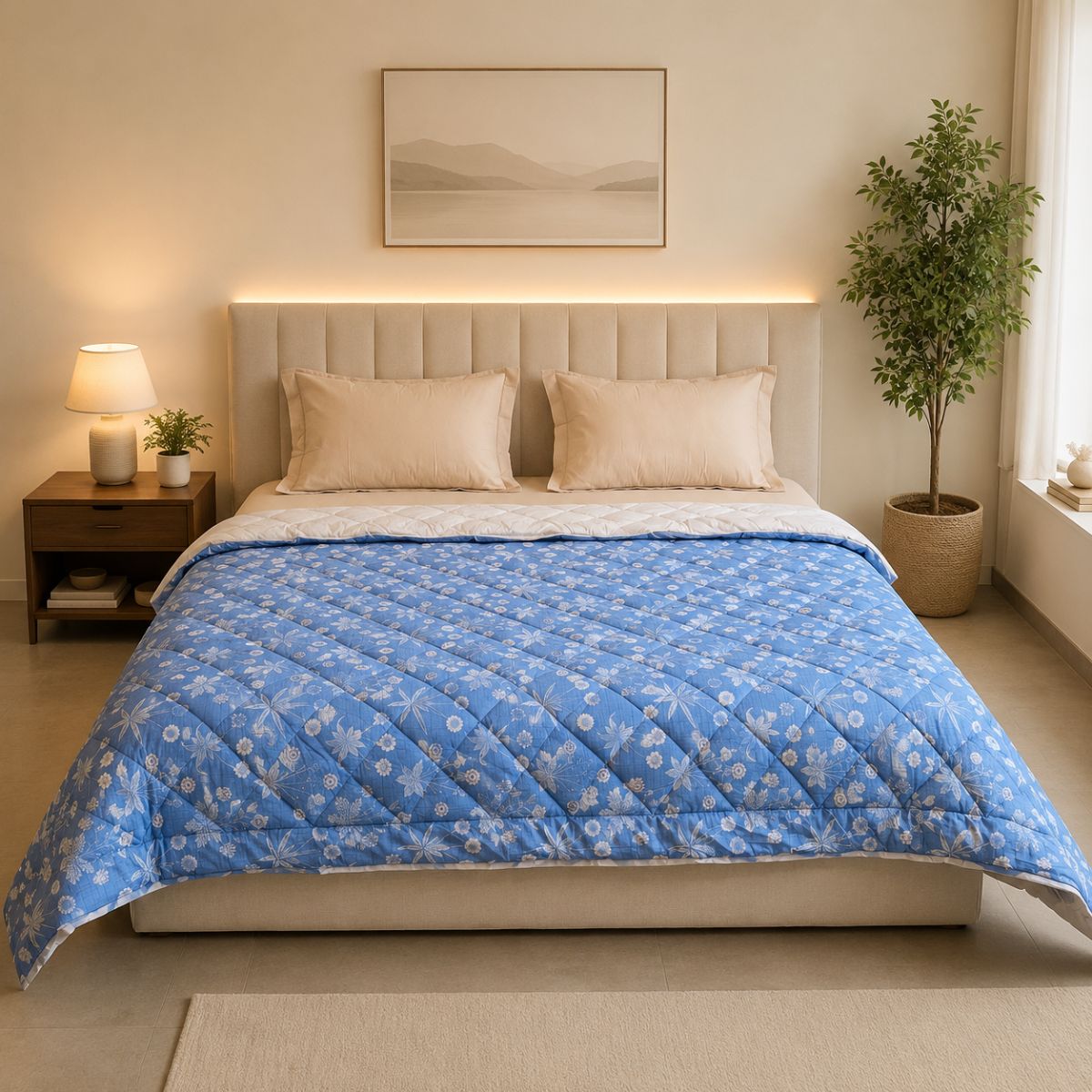 Percale Cotton Reversible AC Blanket Nora Ethnic Floral Blue & Silver