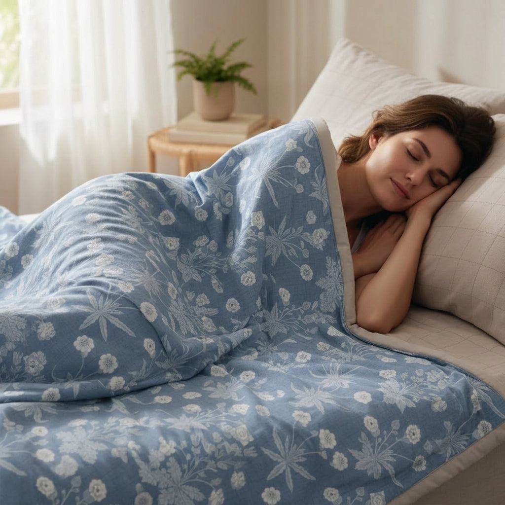 Percale Cotton Reversible Dohar Nora Ethnic Floral Blue & Silver