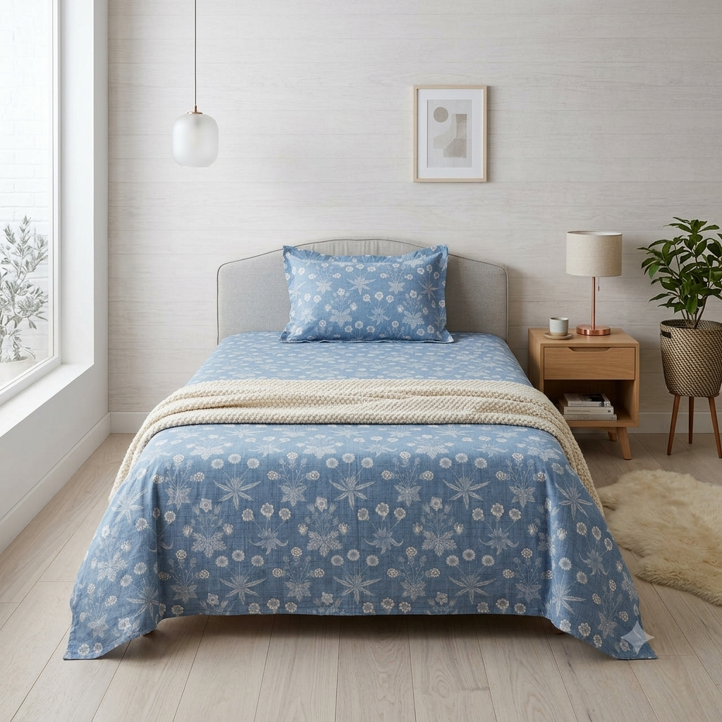 Percale Cotton Printed Bedsheet Set in Floral Blue
