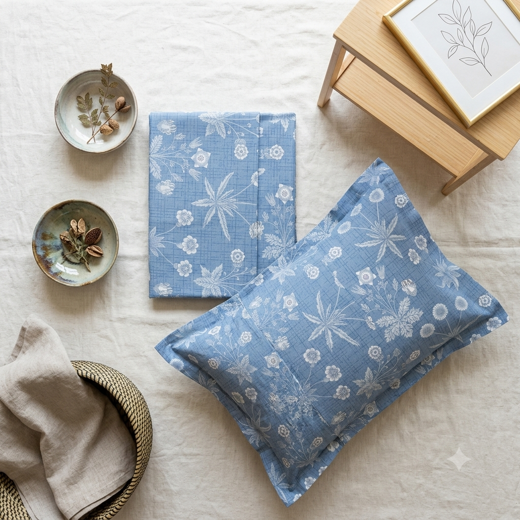 Percale Cotton Printed Bedsheet Set in Floral Blue