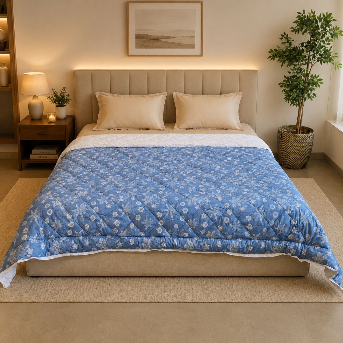 Percale Cotton Reversible AC Blanket Nora Ethnic Floral Blue & White