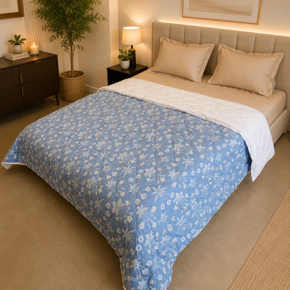 Percale Cotton Reversible AC Blanket Nora Ethnic Floral Blue & White