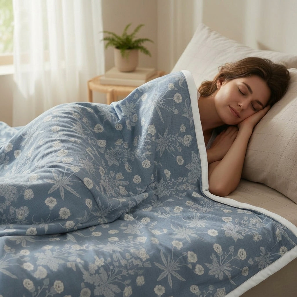 Percale Cotton Reversible Dohar Nora Ethnic Floral Blue & White