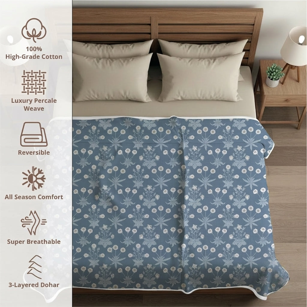 Percale Cotton Reversible Dohar Nora Ethnic Floral Blue & White