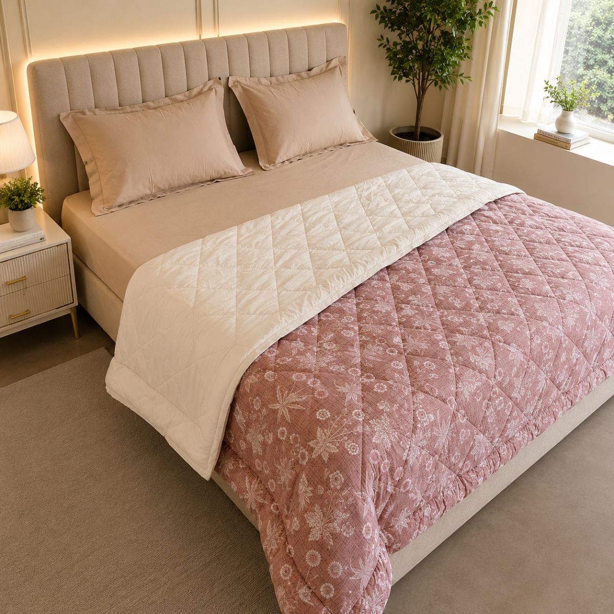 Percale Cotton Reversible AC Blanket Nora Ethnic Light Brown & Ivory