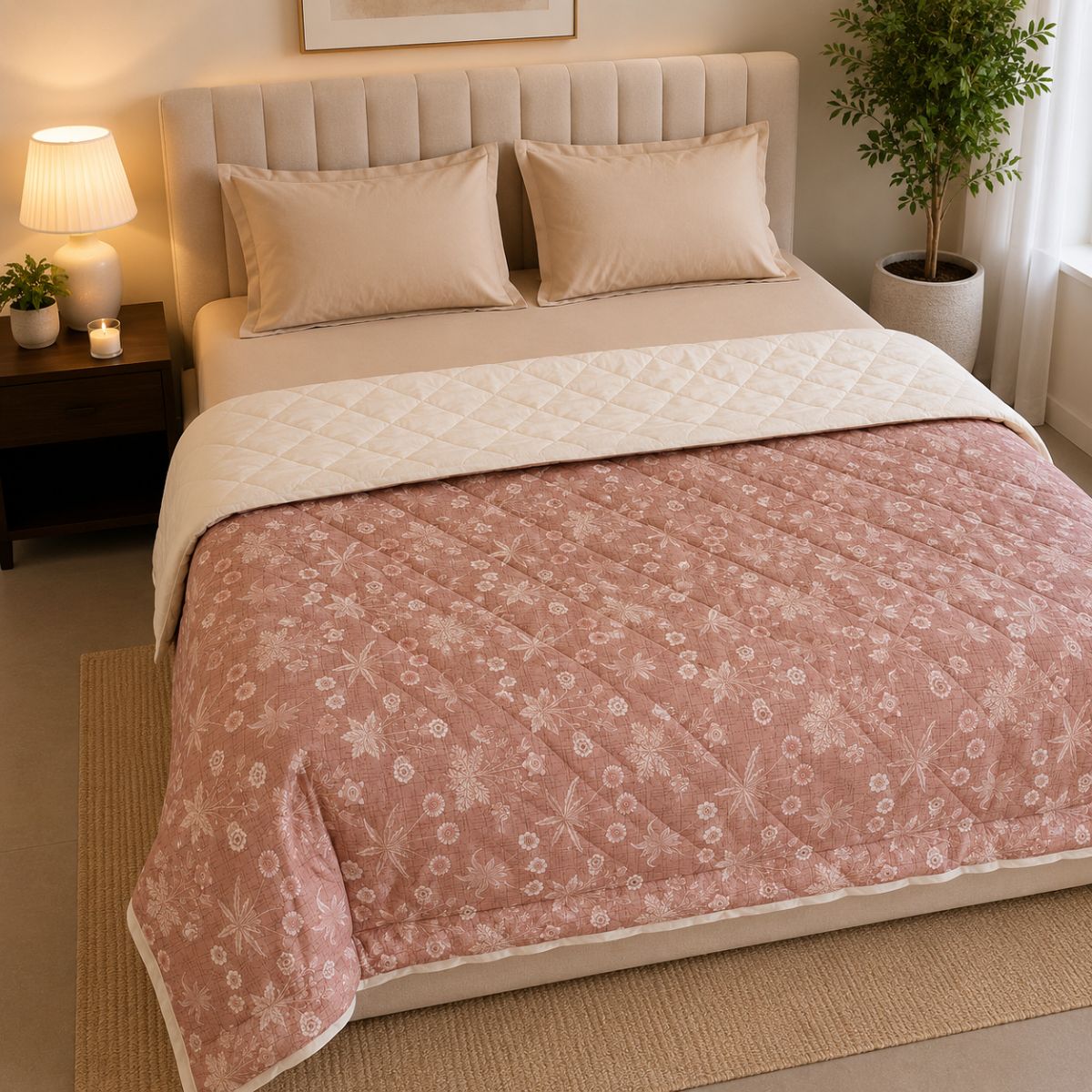 Percale Cotton Reversible AC Blanket Nora Ethnic Light Brown & Ivory