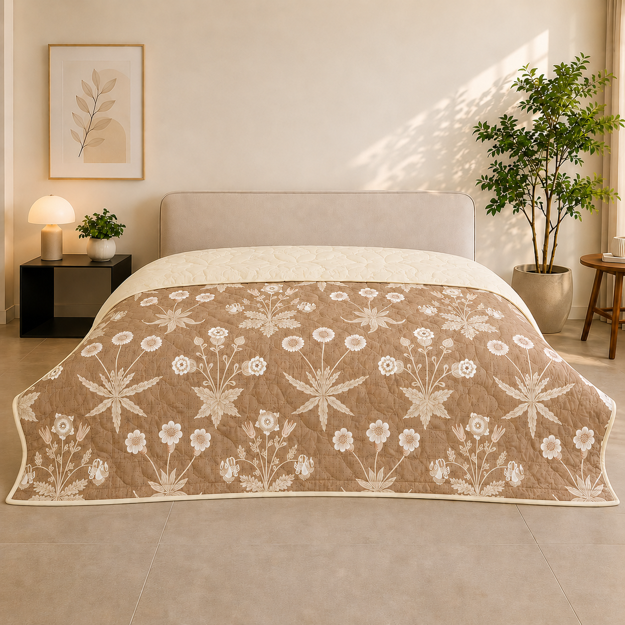 Percale Cotton Reversible AC Blanket Nora Ethnic Light Brown & Ivory