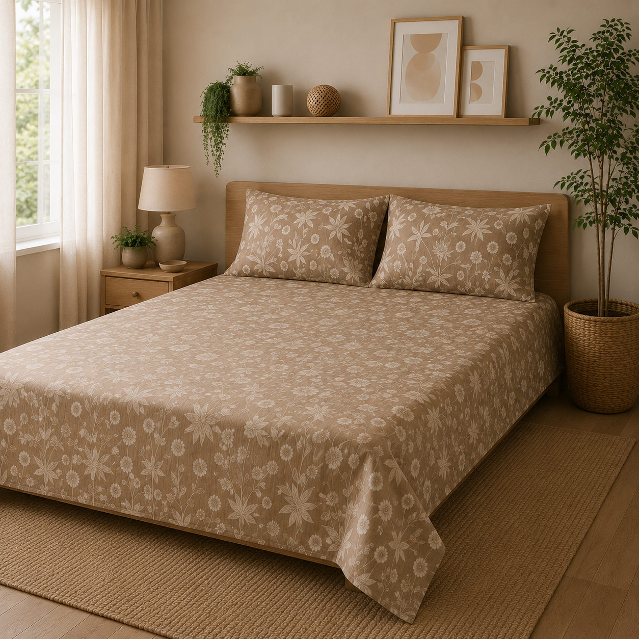 Percale Cotton Printed Bedsheet Set in Floral Light Brown