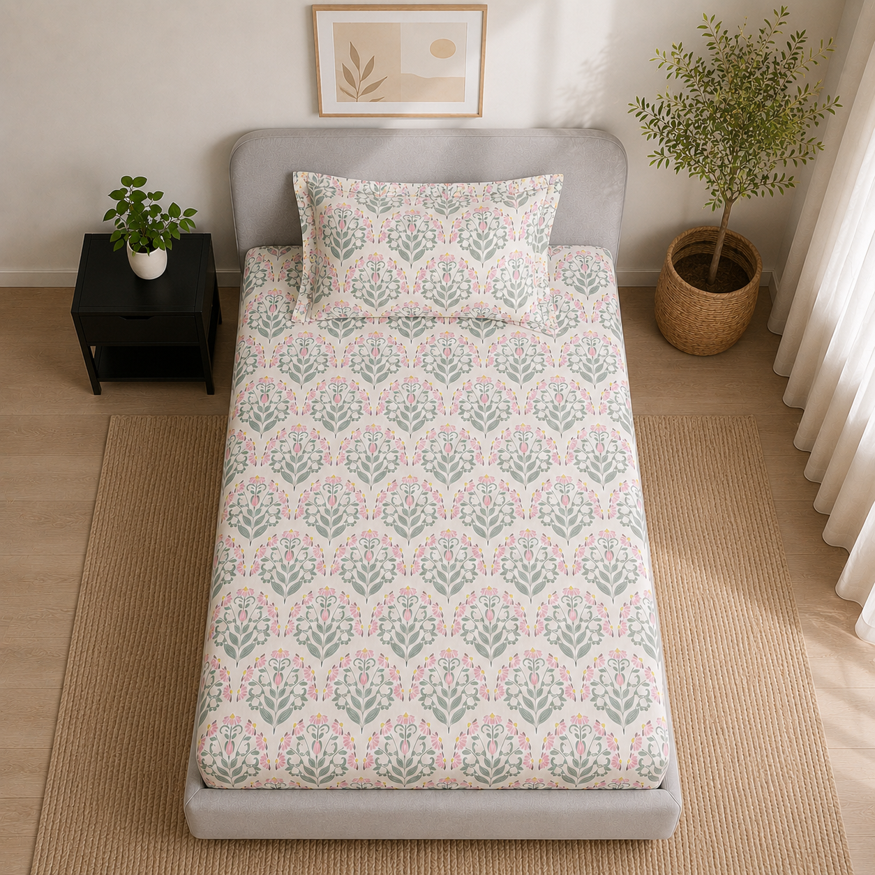 Percale Cotton Fitted Sheet Set Block-Print Buta Pattern