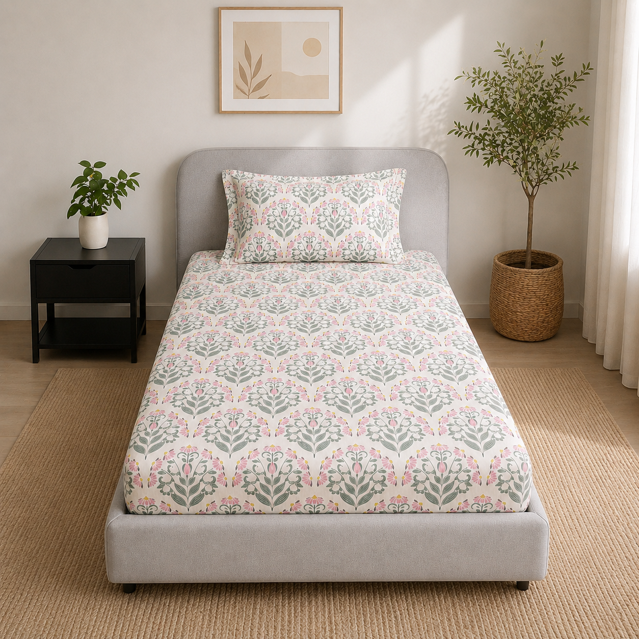 Percale Cotton Fitted Sheet Set Block-Print Buta Pattern