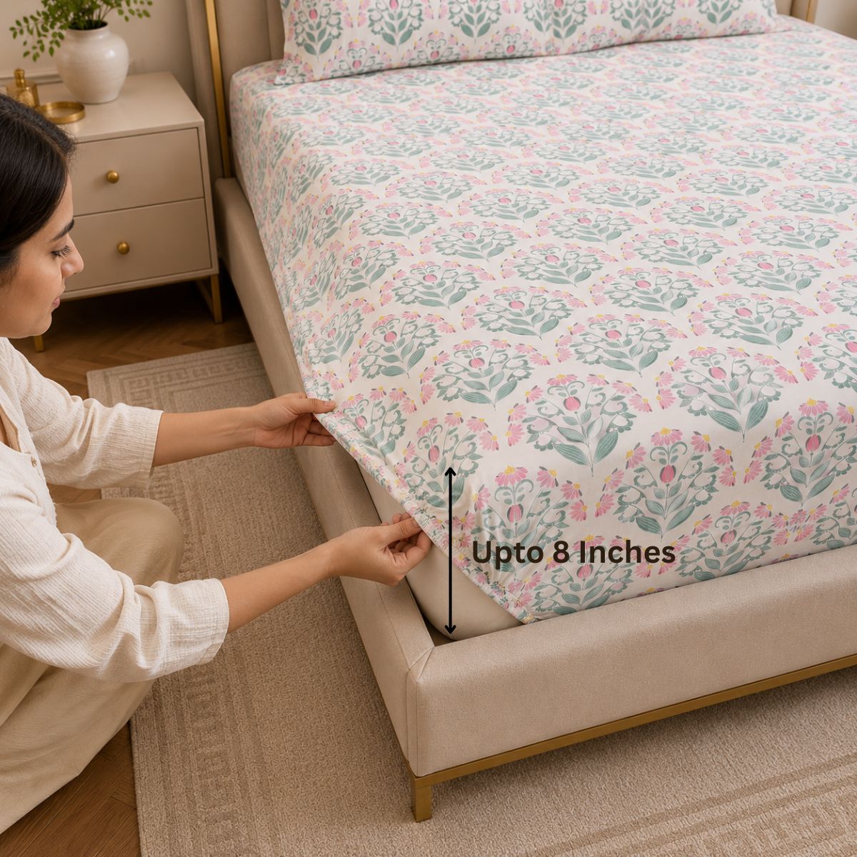 Percale Cotton Fitted Sheet Set Block-Print Buta Pattern
