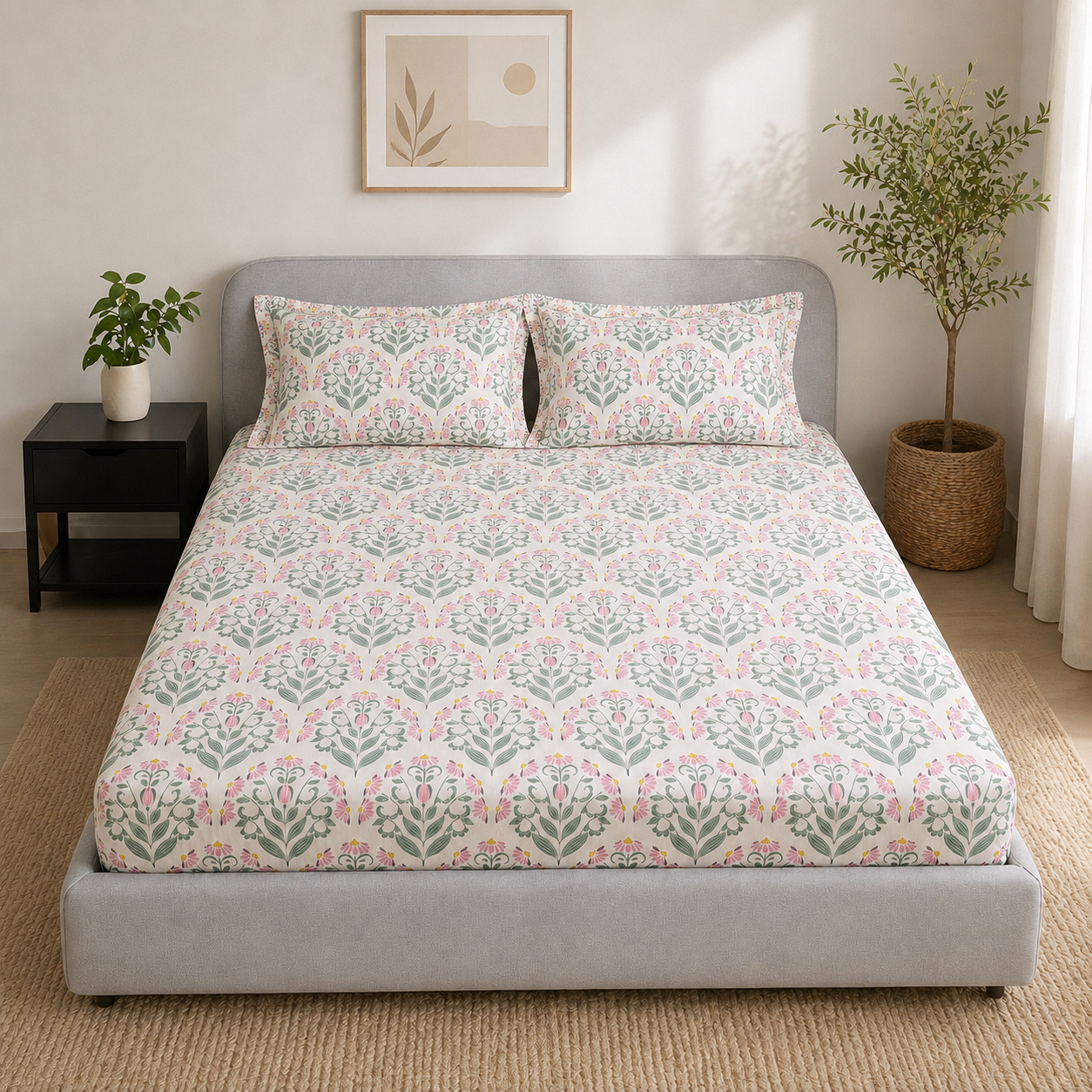 Percale Cotton Fitted Sheet Set Block-Print Buta Pattern