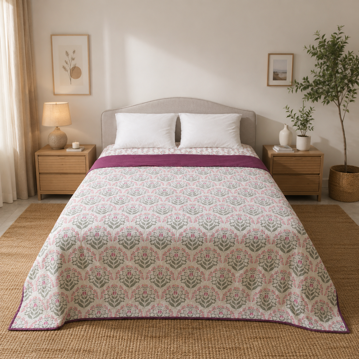 Percale Cotton Reversible Dohar floral buta (booti) pattern with a block-print-inspired aesthetic in Pink