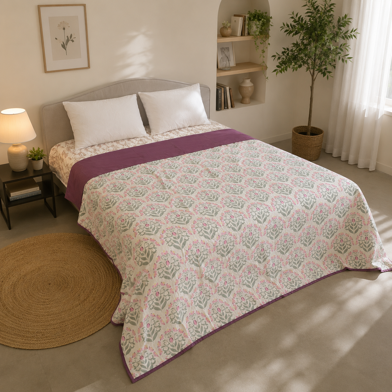 Percale Cotton Reversible Dohar floral buta (booti) pattern with a block-print-inspired aesthetic in Pink