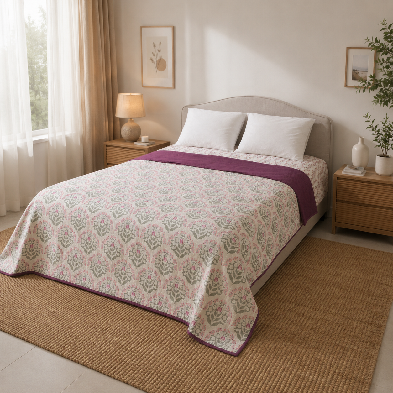 Percale Cotton Reversible Dohar floral buta (booti) pattern with a block-print-inspired aesthetic in Pink