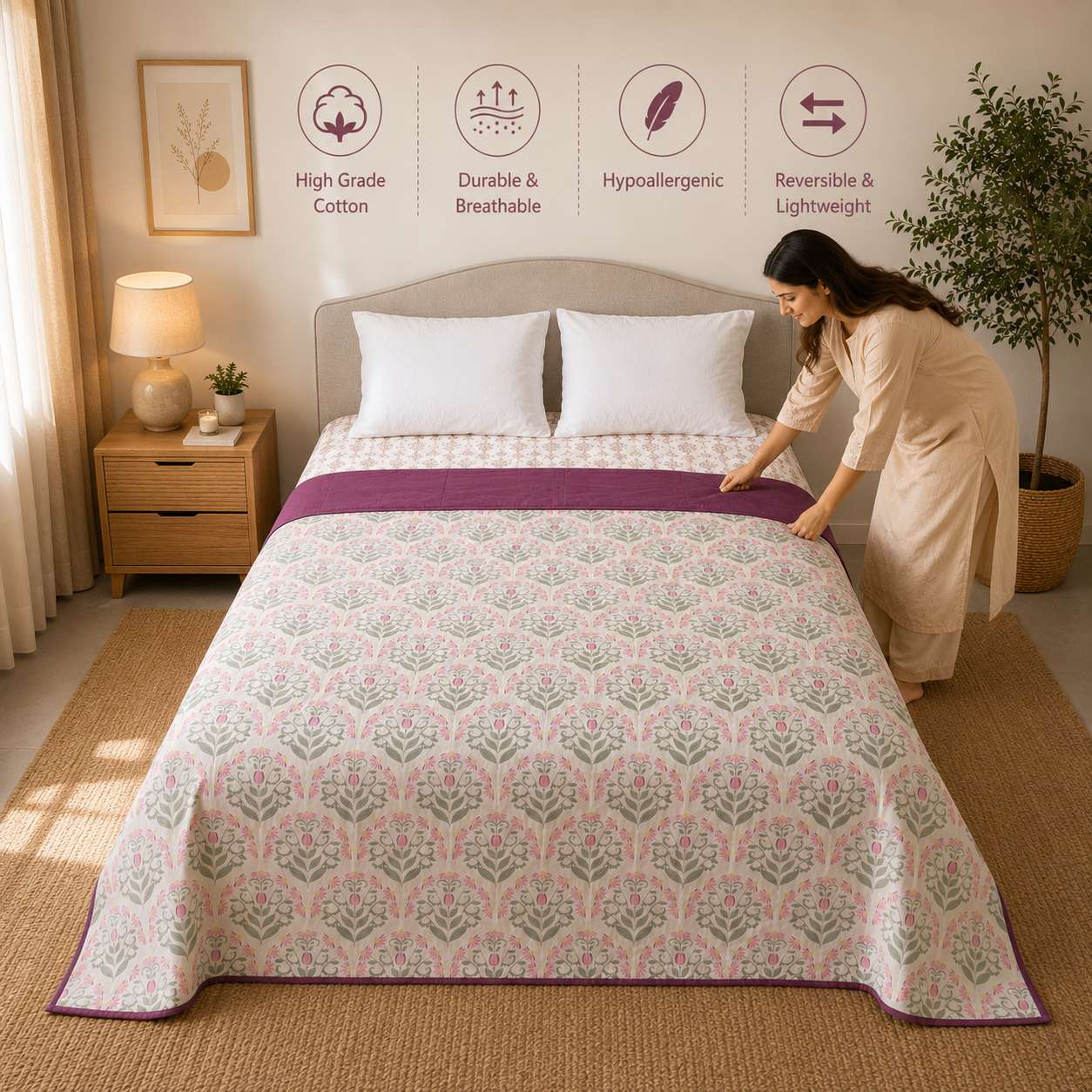 Percale Cotton Reversible Dohar floral buta (booti) pattern with a block-print-inspired aesthetic in Pink