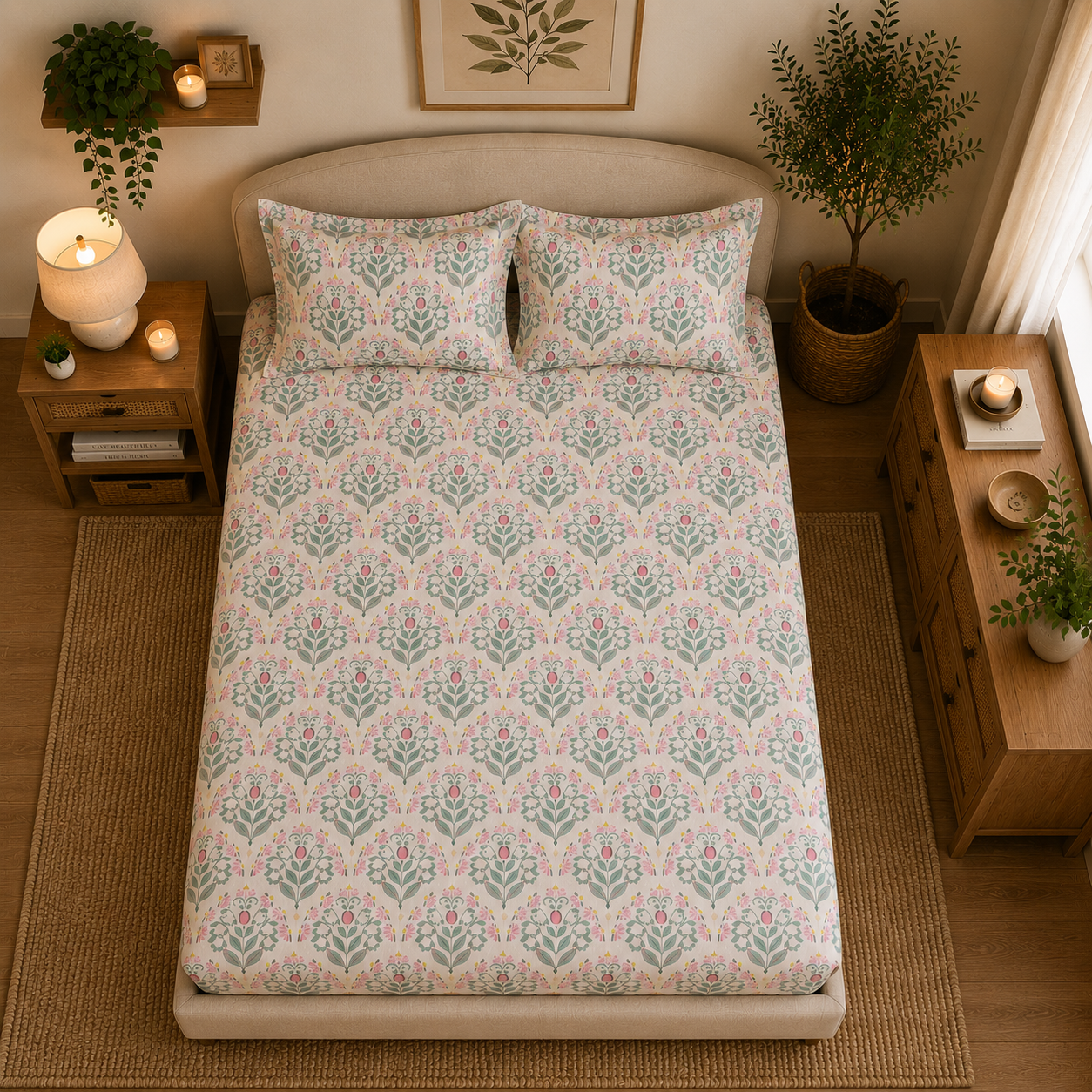 Percale Cotton Fitted Sheet Set Block-Print Buta Pattern