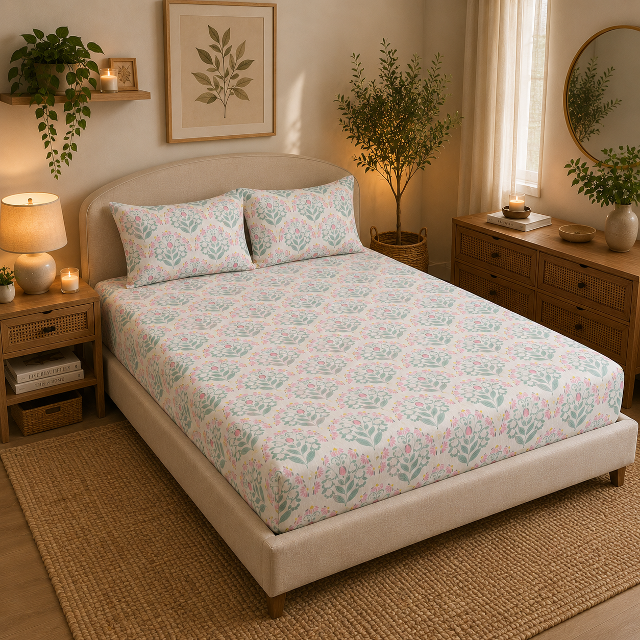 Percale Cotton Fitted Sheet Set Block-Print Buta Pattern