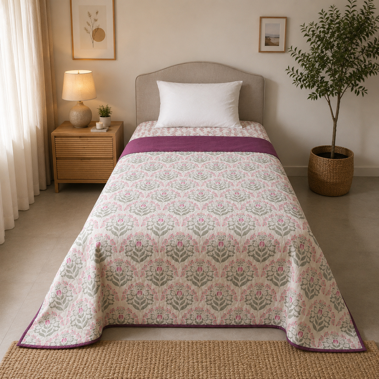 Percale Cotton Reversible Dohar floral buta (booti) pattern with a block-print-inspired aesthetic in Pink
